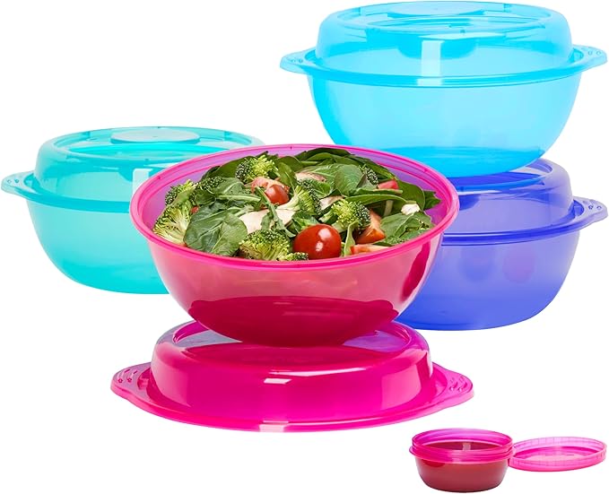 Bentgo Easyboxes Salad-to-Go Containers - 8-Piece Set: 4 Bowls, Leak-Proof Dressing Cups Built-In & 4 Fitted Lids Seal in Freshness; Reusable/BPA-Free for Salad, Pasta, & Cereal (Jewel Brights)