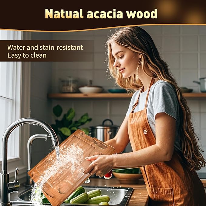 Acacia Wooden Steak Plates Board for Eating Set of 2,15.7" Meat Cutting Boards for Steak Food Serving Tray with Fork, Knife & Ramekins,Charcuterie Platter for Kitchen, BBQ & Entertaining