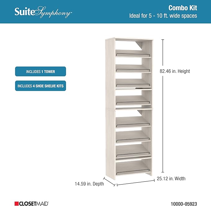ClosetMaid SuiteSymphony 25-Inch Shoe Shelf Tower, (2) 4-Shoe Shelf Packs (Creating 8-Shoe Shelves Total), White Timber