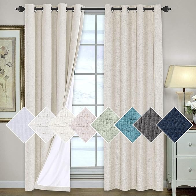 H.VERSAILTEX 100% Blackout Curtains for Bedroom 96 Inches Long Grommet Linen Face Full Light Blocking Curtain Drapes for Living Room Thermal Insulated Linen Look Curtains 2 Panels Set, Antique White