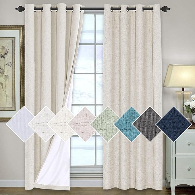 H.VERSAILTEX 100% Blackout Curtains for Bedroom 84 Inches Long Grommet Linen Face Full Light Blocking Curtain Drapes for Living Room Thermal Insulated Linen Look Curtains 2 Panels Set, Antique White