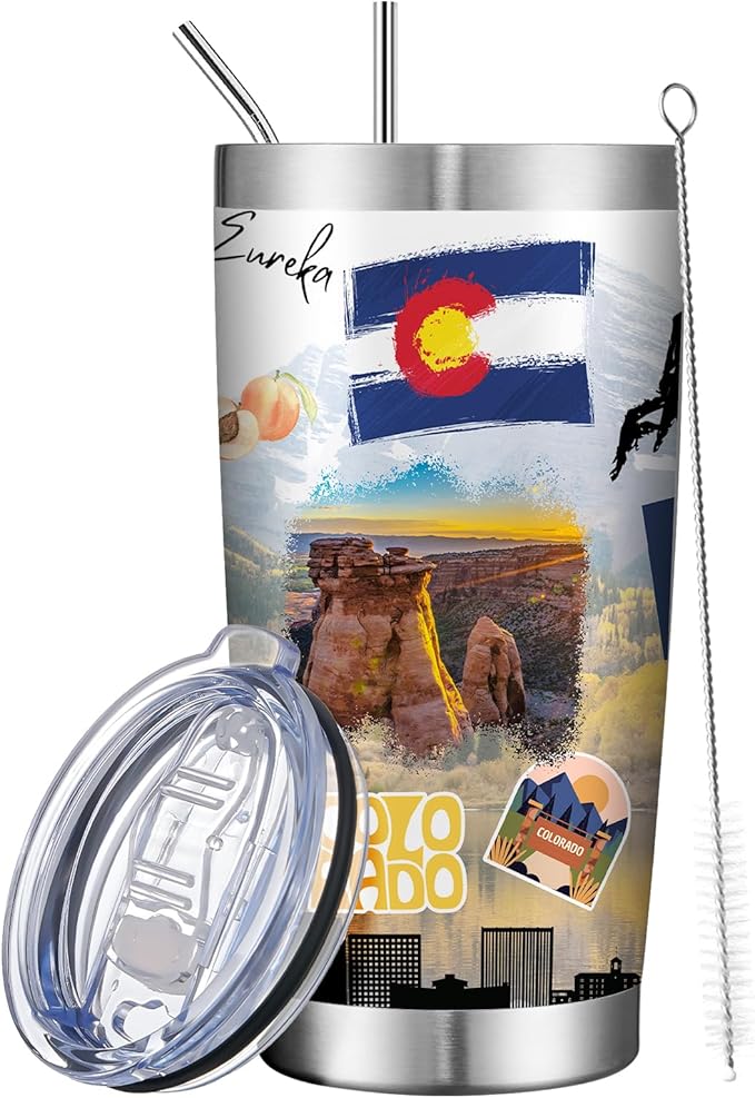 20oz Insulated Tumbler Colorado State Coffee Mug, United States Map Travel Mug Landmark, Birthday Gifts Cute Custom Tumbler Cups with Lid and Straw Mothers Day Gifts