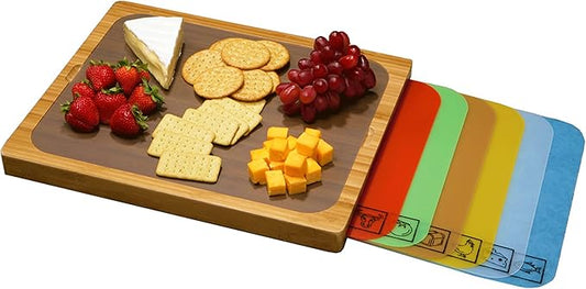 Seville Classics Bamboo Premium Wood Cutting Board Serving Tray w/ 7 Color-Coded BPA-Free Mats, for Chopping Bread, Cheese, Fruits, Vegetables, Meats, Charcuterie (PATENTED), Bamboo (NEW MODEL)