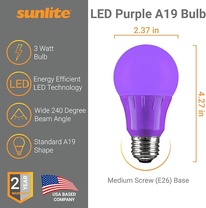 Sunlite 40946 LED A19 Colored Light Bulb, 3 Watts (25w Equivalent), E26 Medium Base, Non-Dimmable, UL Listed, Party Decoration, Holiday Lighting, 6 Count, Purple