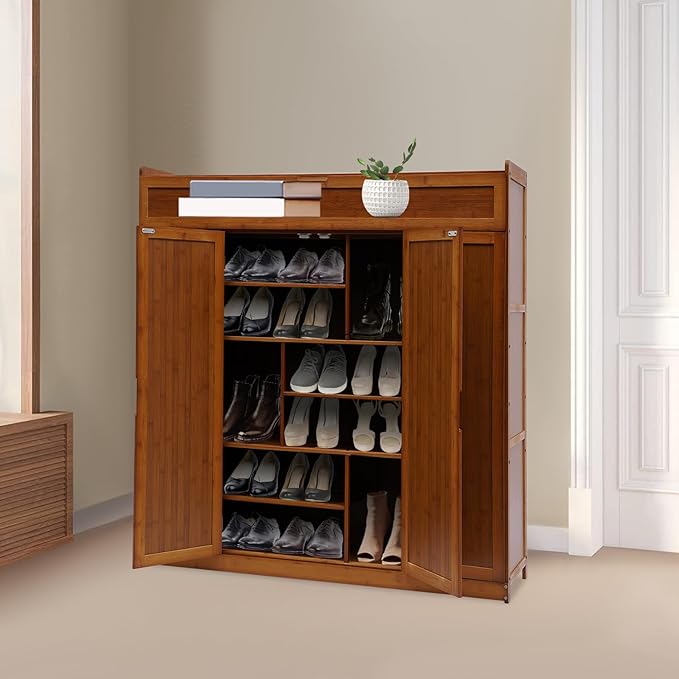 7 Tier Shoe Cabinet, 46 * 13 * 45.3in Entryway Shoe Storage Cabinet Large Bamboo Shoe Storage Cabinets Free Standing Shoes Rack with Doors for Entryway Living Room