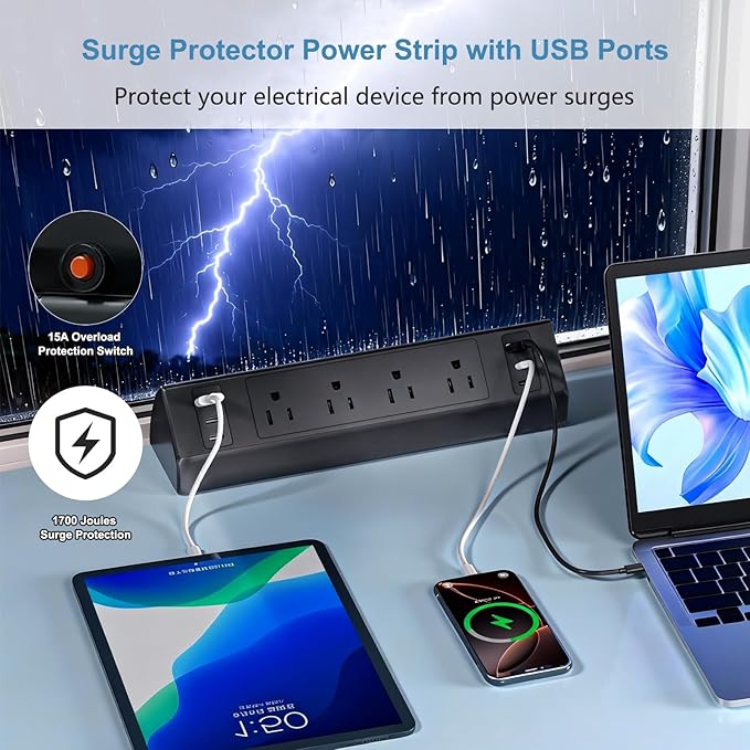 Desk Clamp Power Strip with 40W Total Fast Charging Station, 4 PD 20W USB C Ports, 4 AC Outlets, 1875W Surge Protectors, 6.5 FT Flat Plug Desk Clamp Power Strip Fit 1.9" Tabletop Edge