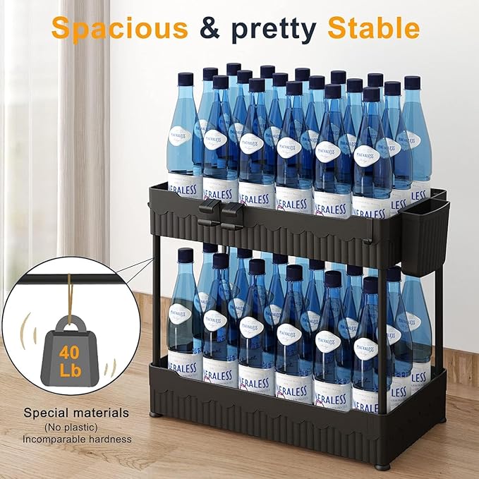 4 Pack Under Sink Organizer, Under Bathroom Cabinet Organizer with Hooks Hanging Cup, Multi-Purpose Storage Shelf for Kitchen Bathroom, Black