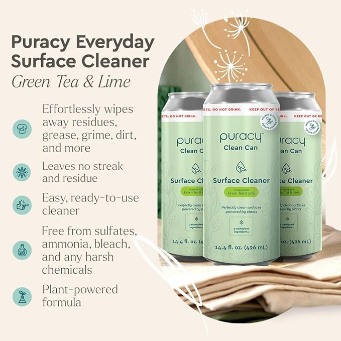 Puracy Multi-Surface Cleaner Clean Can - Plant-Powered Everyday Surface Cleaner - Natural All Purpose Cleaning Solution As Seen on TikTok (Green Tea & Lime, 3 Pack Refill)