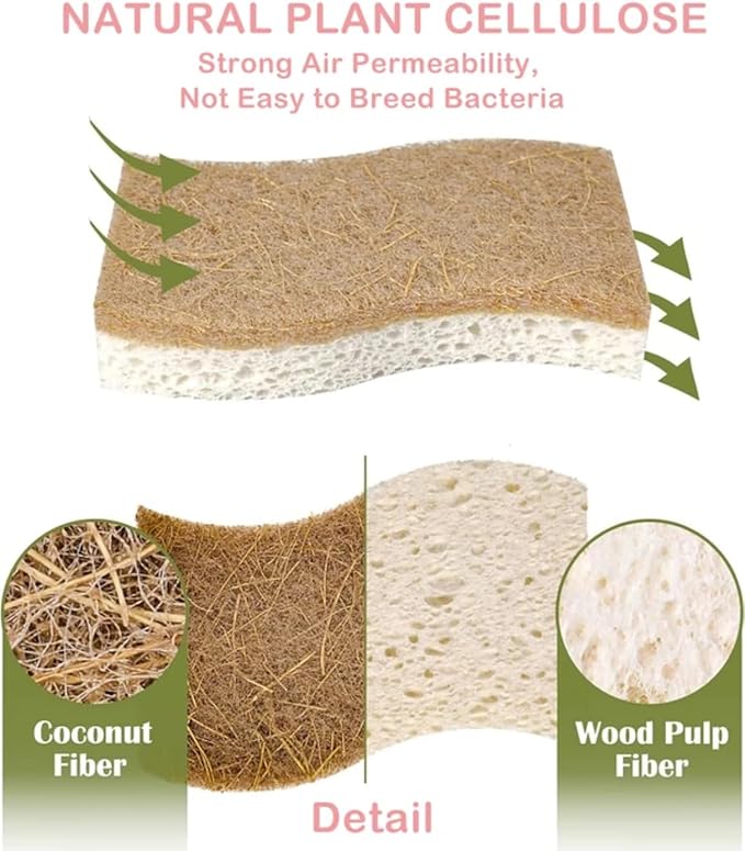 Natural Kitchen Sponge - Eco-Friendly Dish Sponges for Kitchen, Pack of 12 – Biodegradable Cellulose & Coconut Fiber Scrubbers – Sustainable Household Cleaning Sponges