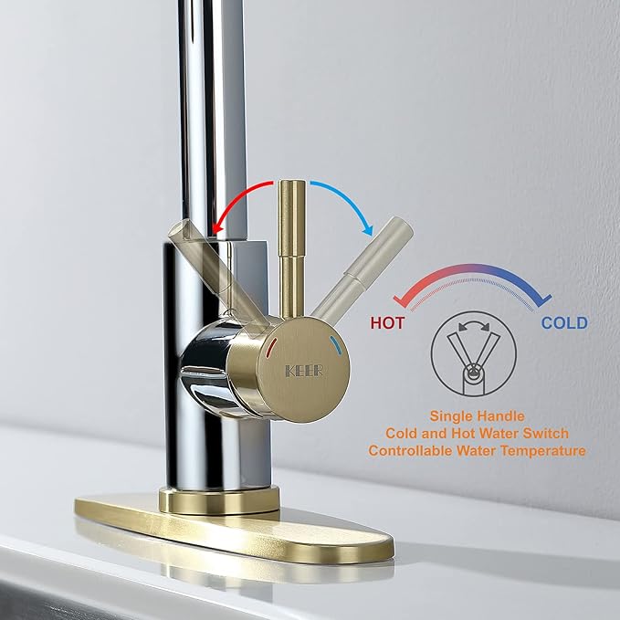 Keer Gold & Polished Chrome Single Handle Pull Down Kitchen Faucet with Soap Dispenser, 3 Modes Sprayer, Easy Assembly, Single Handle High Arc Stainless Steel Faucet