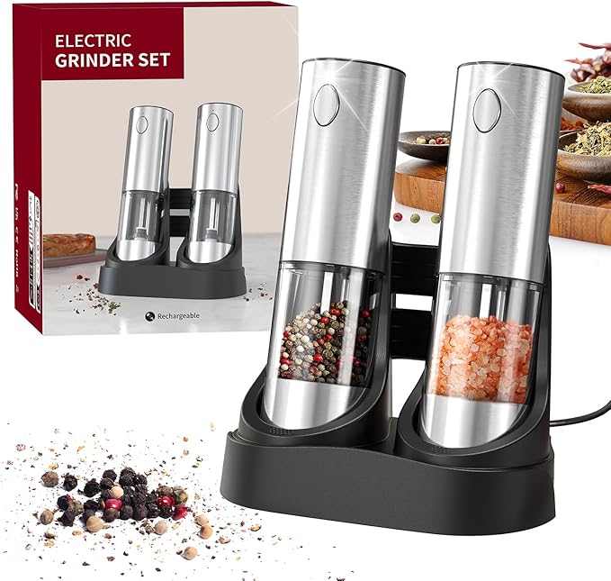 RECHARGEABLE - Electric Pepper and Salt Grinder Set, Adjustable Coarseness, With LED Light, One Hand Automatic Operation (C/Silver)