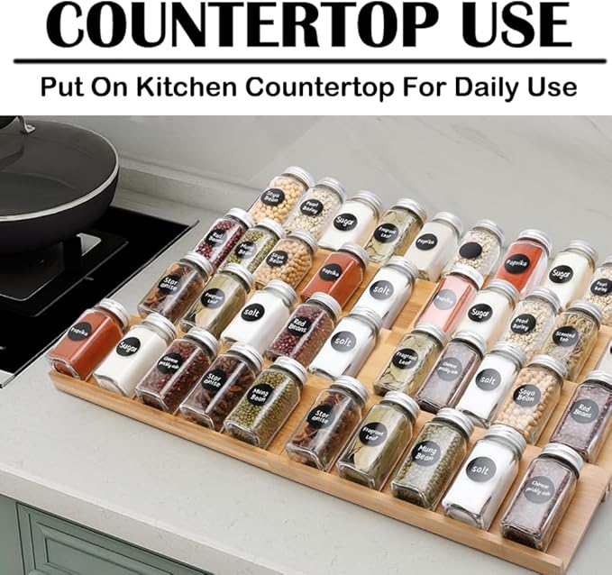 Bamboo Spice Drawer Organizer, 4 Tier In Drawer Spices Rack for Cabinet Drawer Expandable From 13" to 26", Stackable Seasoning Storage Organizer Insert