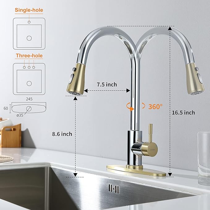 Keer Gold & Polished Chrome Single Handle Pull Down Kitchen Faucet with Soap Dispenser, 3 Modes Sprayer, Easy Assembly, Single Handle High Arc Stainless Steel Faucet