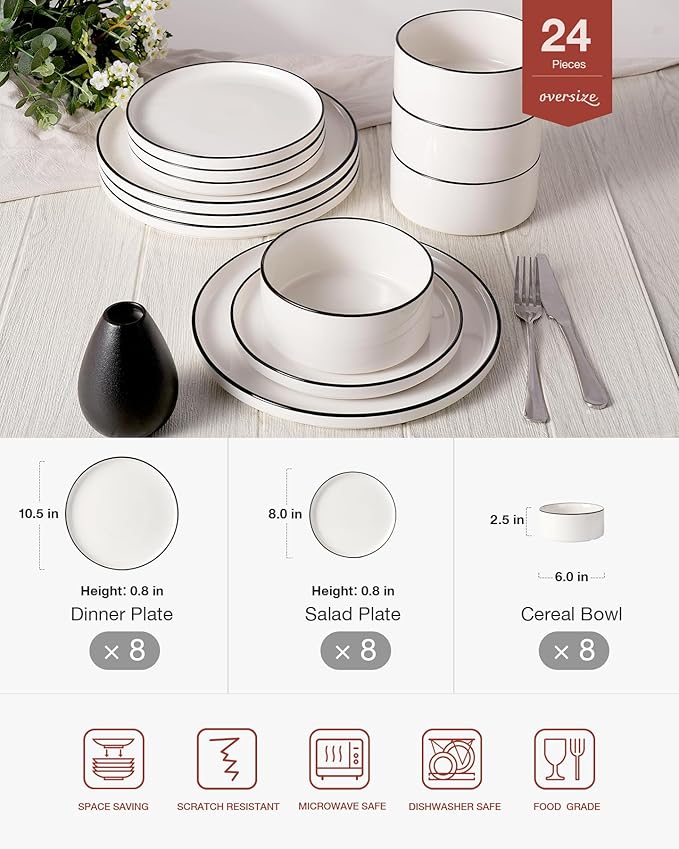 Famiware Porcelain Dinnerware Set, 24-Piece Modern Plate and Bowl Set, dish set for 8, Microwave and Dishwasher Safe Tableware, White with Black Trim