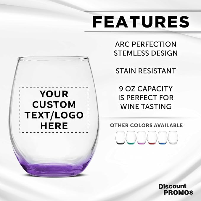 DISCOUNT PROMOS Custom Stemless Wine Glass 9 oz. Set of 10/50/100, Personalized Bulk Pack - Great for Wedding Favors, Bachelorette Party Decorations, Party Favors - Purple