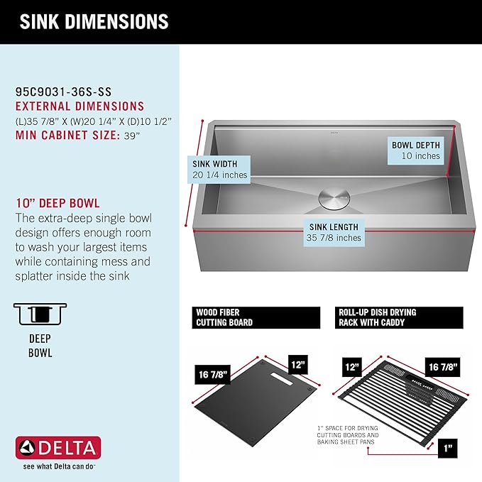 DELTA FAUCET Rivet 36-inch Workstation Farmhouse Apron Front Kitchen Sink Undermount 16 Gauge Stainless Steel Single Bowl with WorkFlow Ledge and Kit of 5 Accessories, 95C9031-36S-SS