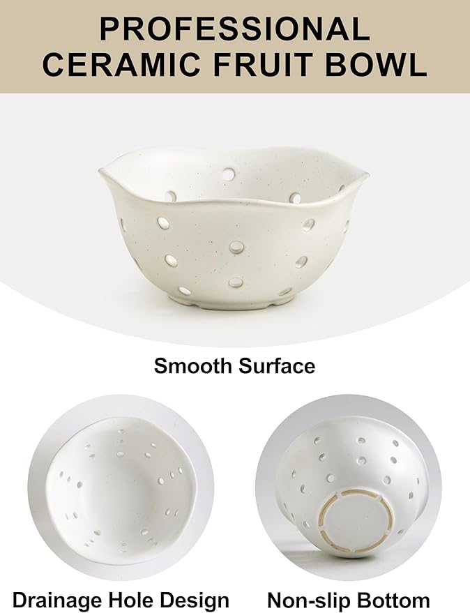 Gomakren Ceramic Berry Basket Set of 2, Rustic Fruit Basket Container 6 Inch, Fruit Bowl with Holes for Kitchen, Berries, Strawberry, Grape, Cherry, Floral Shape - Cream White