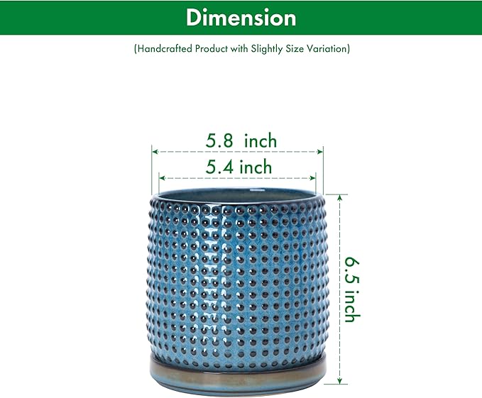D'vine Dev 6 Inch Ceramic Beaded Stoneware Planter Pot - Flower Pot with Drainage Holes and Saucers for Indoor Succulent Plants or Flowers, Ocean Teal, 27-C-X-8