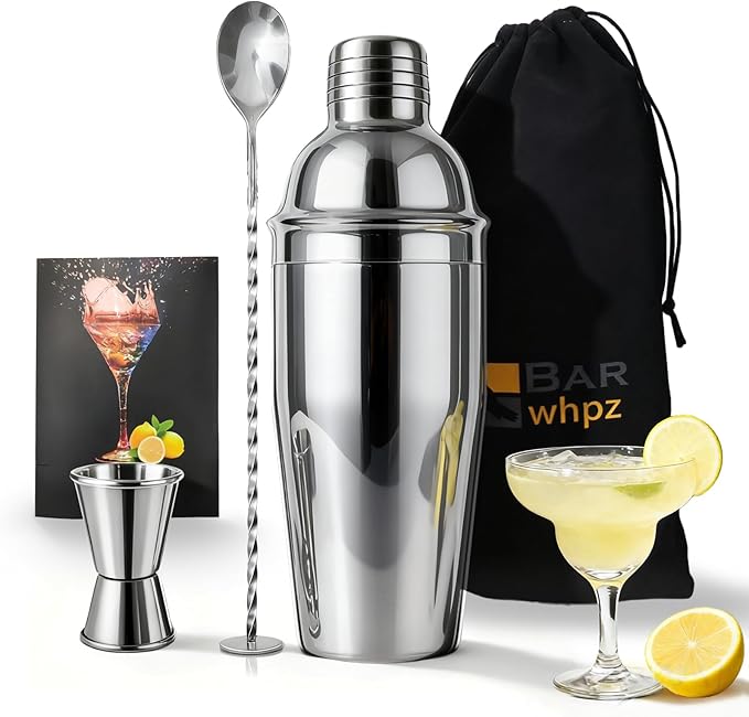 Cocktail Shaker Set, 24oz Stainless Steel Bartender Kit with Measuring Jigger & Mixing Spoon,Cocktail Recipe,Professional Martini Shaker for Home Bar, Drink Mixer Set for Beginner & Bartender Gift