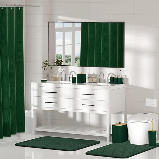 Bathroom Accessory Set - Dark Green Bathroom Set, 27PC Bathroom Accessories Set, Bathroom Sets with Shower Curtain and Rugs, Mini Trash Can, Toilet Brush, Trash Can & Soap Dispenser