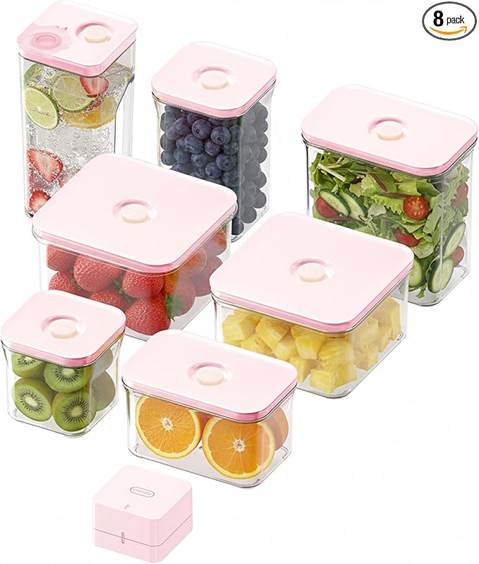 VAKUEN Premium Airtight Food Storage Containers ROSE 8P/SET, 6pcs Container, 1pcs Water Pitcher and Vacuum Sealer. Patented Double Silicone Lining, 100% Leak Proof, BPA-FREE