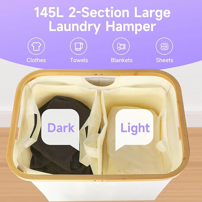 145L Double Laundry Basket with Lid, 2 Section Dirty Clothes Hamper with 2 Removable Bags for Bedroom, Bathroom, Dorm, Beige