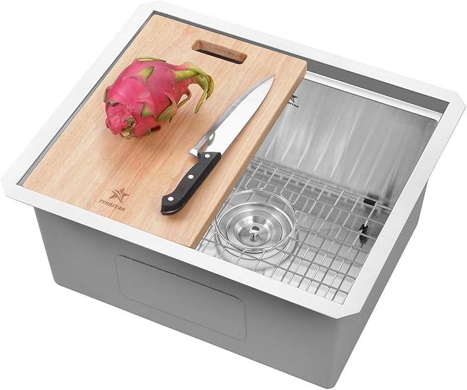 STARSTAR Workstation Ledge Undermount Single Bowl 304 Stainless Steel Kitchen Sink, With Grid, Colander, Cutting Board (21 x 18)