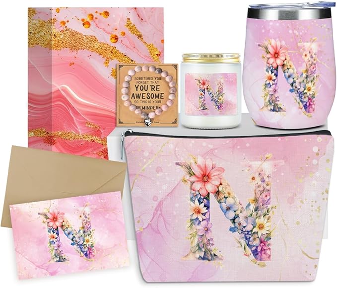 Personalized Gifts Monogrammed Birthday Gifts for Women, Colleague, Leader Mentor Female Farewell Christmas, Initial Wine Tumbler Makeup Bag Scented Candle Bracelet Set, (Aesthetic Pink Flower N)