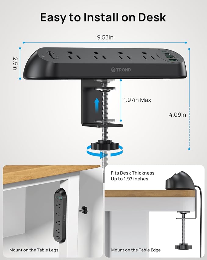 TROND Desk Clamp Power Strip USB C PD 20W - Flat Plug 10ft Extension Cord, Surge Protector with 4 AC Outlets 4 USB Ports, 1700J, ETL Listed, Fits 1.97 inch Tabletop Edge, for Home Office, Black