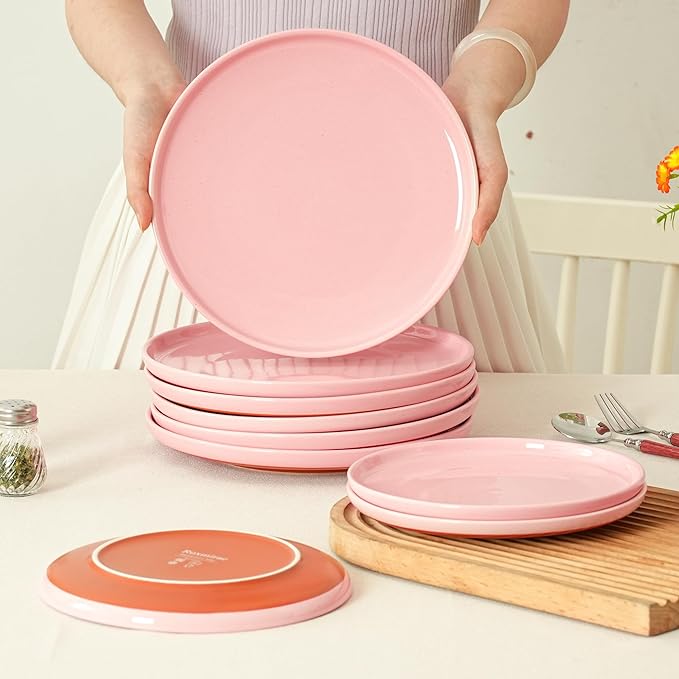 10.25-Inch Dinner Plates Set of 4, Dual Glaze Stoneware Plates, Microwave and Dishwasher Safe, Ceramic Plates for Everyday Dining, Pink