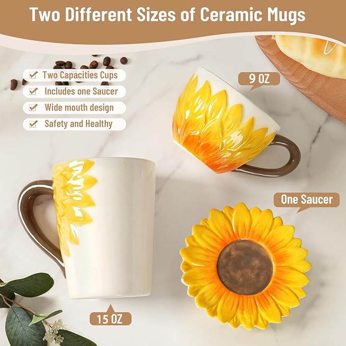 Ceramic Coffee Mug Set of 2-Sunflower Coffee Cups Set Include 15 oz Large Coffee Mug,9 oz Wide Cappuccino Cup with Saucer,3D Novelty Coffee Cups for Tea,Latte,Hot Cocoa,Milk,Birthday/Christmas Gifts