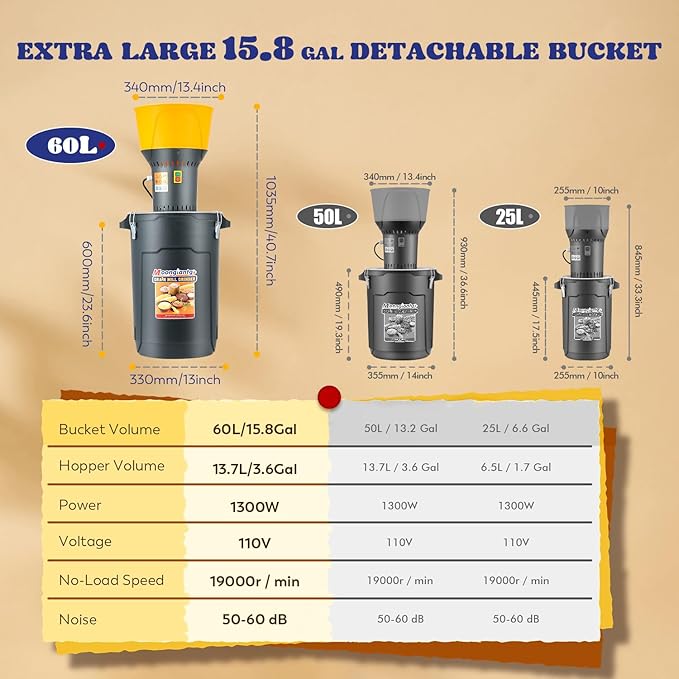 Moongiantgo 15.8Gal Grain Mill Grinder Electric Corn Grinder 1300W Feed Mill for Dry Cereals with 7 Sieves + 1 Socket Wrench + 1 Cloth Bag + 1 Shovel, Detachable 60L Bucket & Hopper, Molino de Maiz