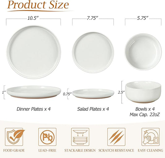 LIANYU 32PC Dinnerware Sets with Silverware for 4, Stoneware Plates and Bowls Dish Set, Stainless Steel Square Flatware Cutlery, Kitchen Dining Dishware, Microwave & Dishwasher Safe, Snowy White