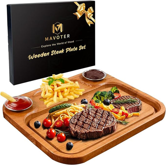 Wooden Steak Plates include 2 Sauce Cups, Wood Steak Board Set Serving Tray for Food Meat Cutting Board with Juice Groove, Charcuterie Board Platter for Home