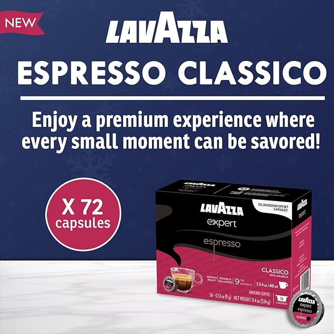 Lavazza Expert Espresso Classico Capsules – 72 Count – Medium Roast Coffee Pods Made with 100% Arabica Beans – Compatible with Lavazza Classy Mini & Classy Plus Machines