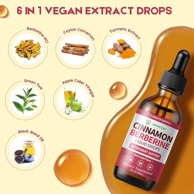 Berberine Drops with Ceylon Cinnamon Bitter Supplement,Berberine HCL Liquid Drops with Turmeric,Green Tea,Apple Cider Vinegar,Black Seed Oil for Overall Support & Digestive System 2 FL OZ