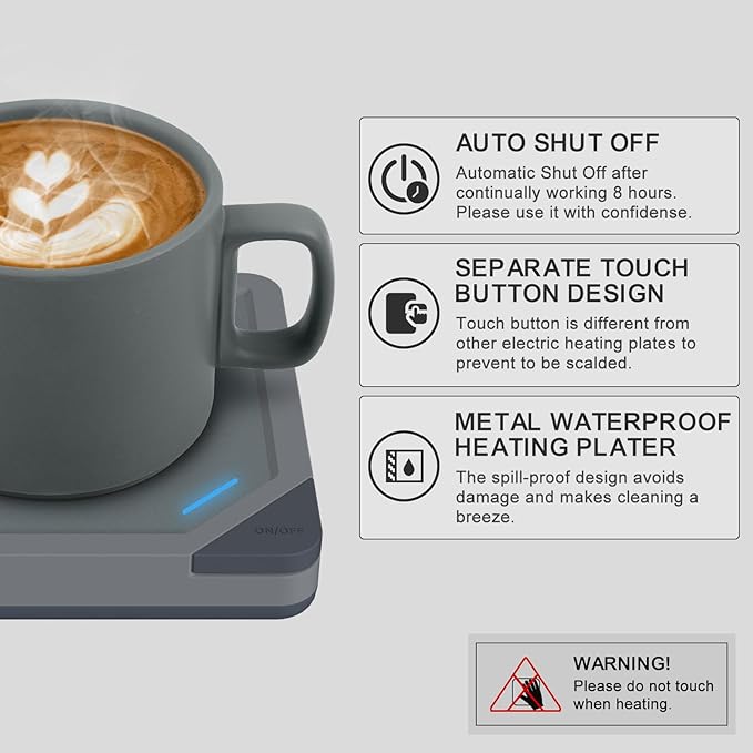 Coffee Mug Warmer Set: Coffee Warmer for Desk Auto Shut Off Candle Warmer Plate Electric Beverage Coffee Cup Warmer Heated Coffee Mug for Coffee,Tea, Milk Up to 131°F/55°C (Grey)