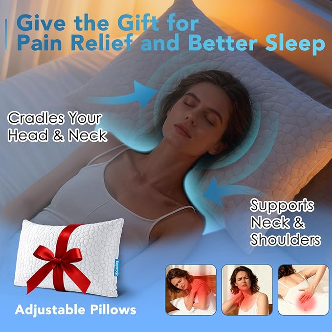 QUTOOL Shredded Memory Foam Pillows for Sleeping King Size Pillow, Cooling Gel Pillows for Hot Sleepers Cool Pillow for Side and Back Sleeper, Soft Yet Support Adjustable Bed Pillow, Home Gifts