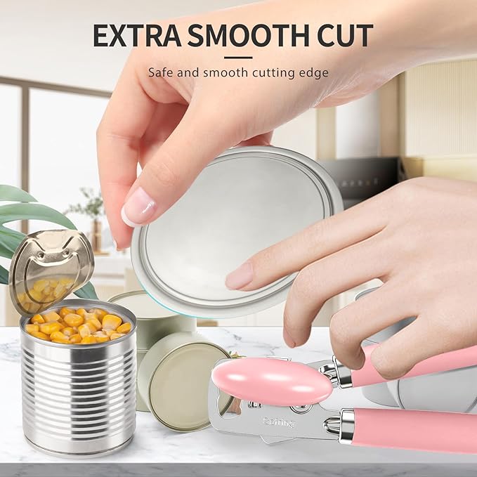 Can Opener Manual, Heavy Duty Stainless Steel Smooth Edge Can Opener With Soft Touch Handle, Oversized Handheld Easy Turn Knob, Multi-Function Bottle Opener, Pink