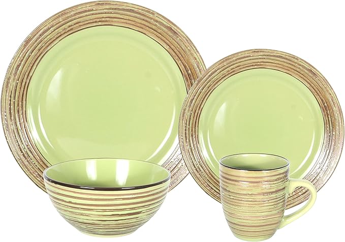 16 Piece Dinnerware Set, Ceramic Plates and Bowls Sets for 4, Microwave and Dishwasher Safe, Handcrafted Tree Bark Series Dish Set, Oak Forest/Dark Green