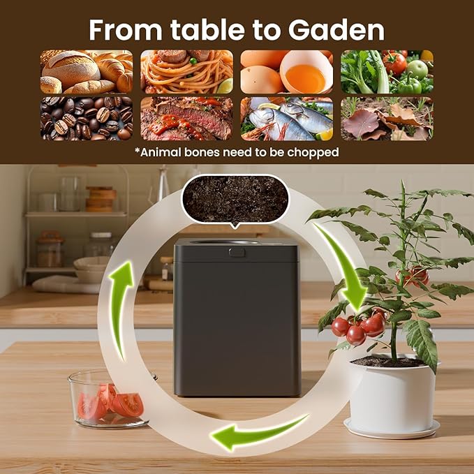 TOPZEE Electric Compost Bin for Kitchen - 3L Countertop Composter with Odorless Auto-Cleaning, Turns Food Waste to Fertilizer in 4 Hours, for Indoor Home Use, Black