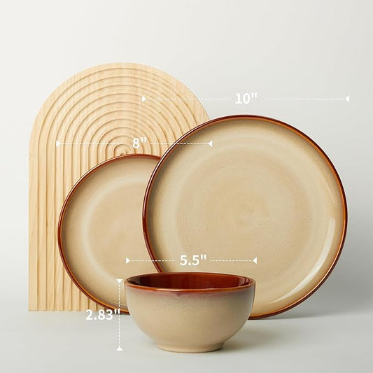 Ceramic Dishes Set for 8, 24 Piece Stoneware Dinnerware Sets, Chip and Scratch Resistant, Easy to Stack & Clean, Modern Rustic Look, Brown Yellow