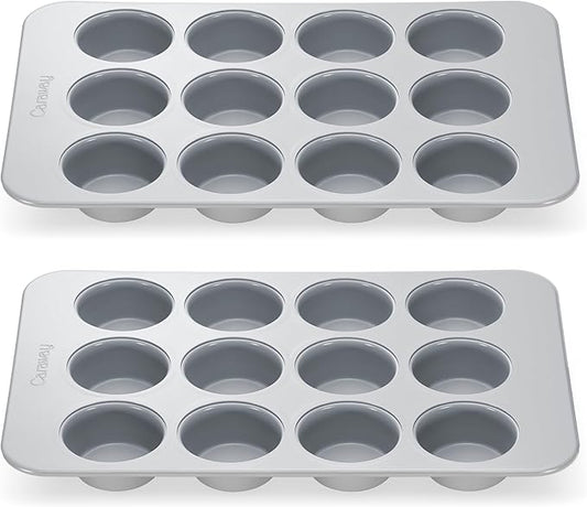 Caraway Non-Stick Ceramic 12-Cup Muffin Pan Duo - Naturally Slick Ceramic Coating - Non-Toxic, PTFE & PFOA Free - Perfect for Cupcakes, Muffins, and More - Gray