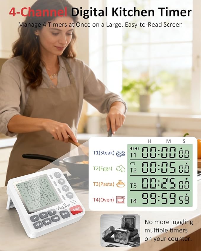 Kitchen Timers for Cooking - 4 Channel Digital Timer with Loud Alarm and Silent Mode, Large Display, Magnetic Back, Count Up/Countdown Timer for Egg Classroom Teacher Exercise Study, Battery Included