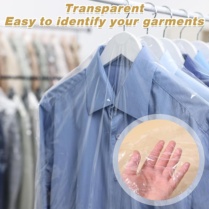 100 Pack Dry Cleaning Bags,60 * 120cm Clear Plastic Garment Bags Drys Cleaning Plastic Bag Dust Proof Clear Clothes Covers Dry Cleaner Bag Hanging Dust Proof for Hanging Clothes at Home/Dry Cleaners
