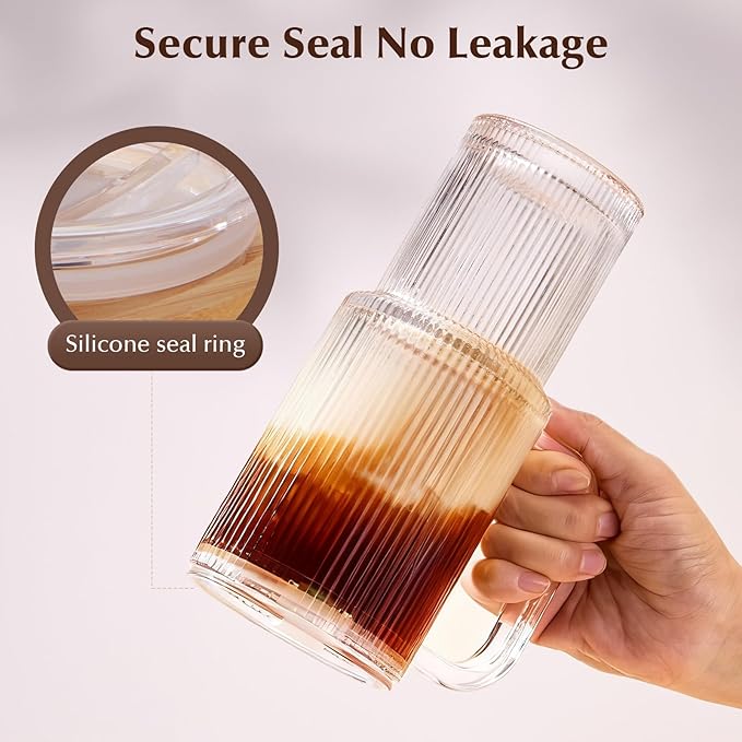 GOSCHE 26oz Glass Tumbler with Straws and Lids, Ribbed Iced Coffee Cups, Thickened Glass Cups Set Ideal for Coffee, Smoothies, Cocktails, and Juices, Clear, 2 Pack