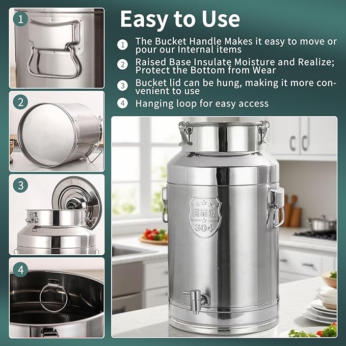 Stainless Steel Milk Can with Spigot,5 Gallon Stainless Steel Milk Bucket,20Liter Wine Pail with 2 Handles and Sealed Lid,Water jug Oil Liquid Storage Barrel,Airtight Food Storage Container