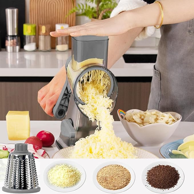 Cheese Grater with Handle,Multifunctional Rotary Cheese Grater,Kitchen Cheese Shredder Can Easily Chop Vegetables,Potatoes,Carrots,Etc.The Suction Cup is Stable and Easy to Clean (gray)