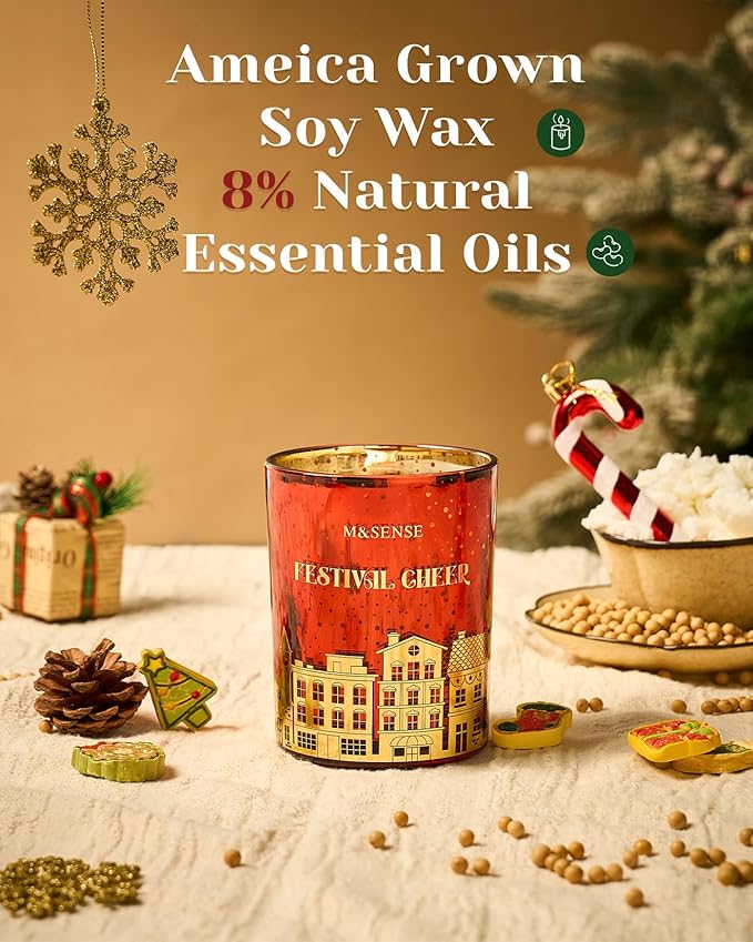M&SENSE Festival Cheer Christmas Candles, Large Soy Candles for Home Scented, 18oz 100 Hours Natural Clean Slow Burn, Crackling Wooden Wick Aromatherapy Gifts for Women Men, Warm Cozy Winter Decor