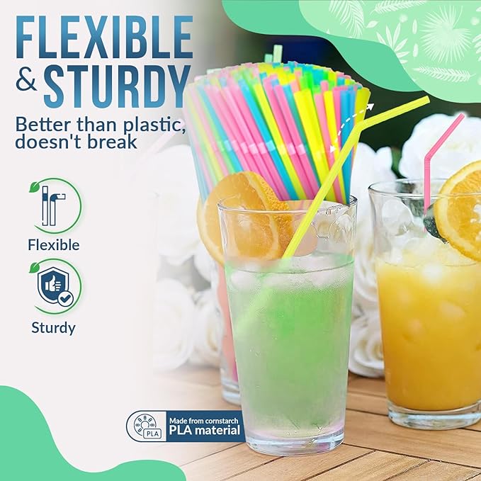 Weemium Compostable Straws Disposable [300 Pack] 8.25" | 100% Plant-Based Plastic-free PLA, Disposable and Biodegradable | Flexible Colorful Drinking Straws are Best Alternative to Plastic